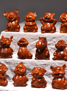 花梨木雕十c二生肖摆件一套实木质鼠牛虎兔龙蛇马羊猴鸡狗猪家居