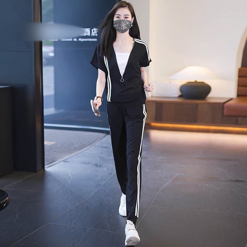 大码女装休闲运动套装女2025夏季新款胖MM显瘦黑色短袖长裤两件套