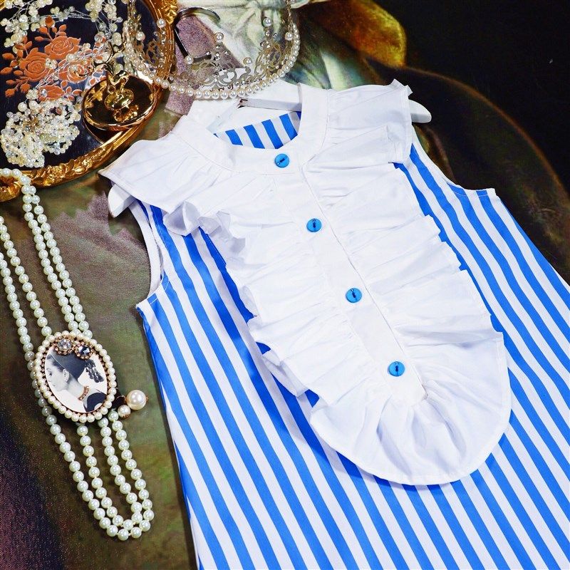 女童连衣裙夏天女童夏装裙子条纹荷叶边英伦公主裙背心裙