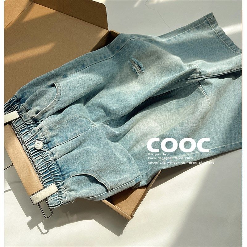 2025春夏新款女童直筒阔腿牛仔裤小女孩洋气破洞牛仔裤宝宝裤子