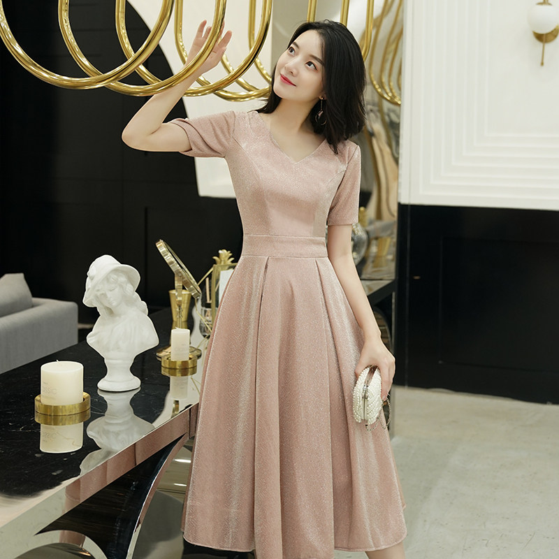 敬酒服新娘2021春款结婚粉色气质宴会小晚礼服裙女短袖订婚连衣裙