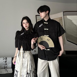 夏季新中式唐装刺绣套装复古马面裙中国风盘扣短袖一裙一衣情侣装