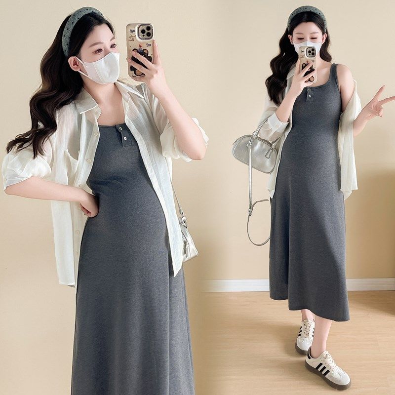 孕妇装夏装长袖防晒衬衫夏季背心裙E夏天孕妇套装连衣裙两件套裙