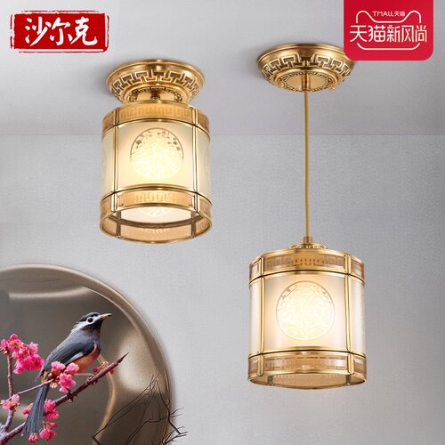 新中式全铜吸顶灯走廊灯过道玄关灯具ledK温馨圆形吸顶灯阳台灯饰