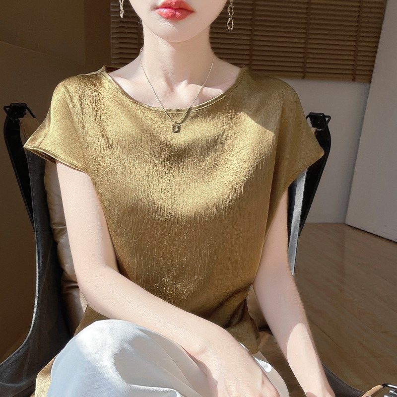 25春夏缎面真丝短袖T恤女圆领纯色肌理感上衣宽松褶皱半袖打底衫