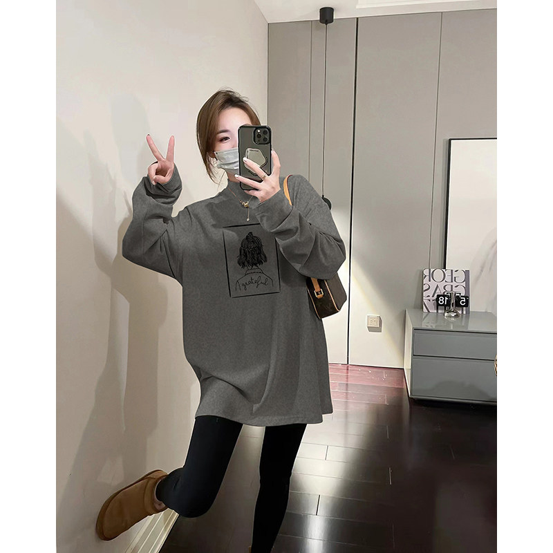半高领长袖t恤女秋冬季宽松中领遮屁股上衣磨毛内搭中长款打底衫