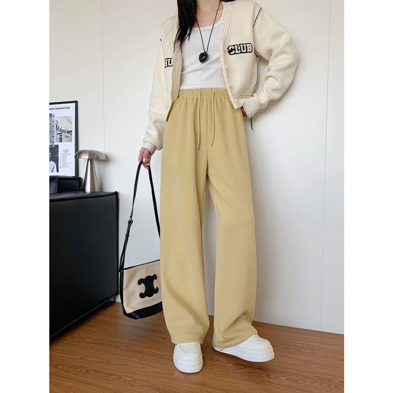 纯色松紧高腰束脚两穿休闲裤女春款宽松百搭直筒阔腿裤拖地卫裤子