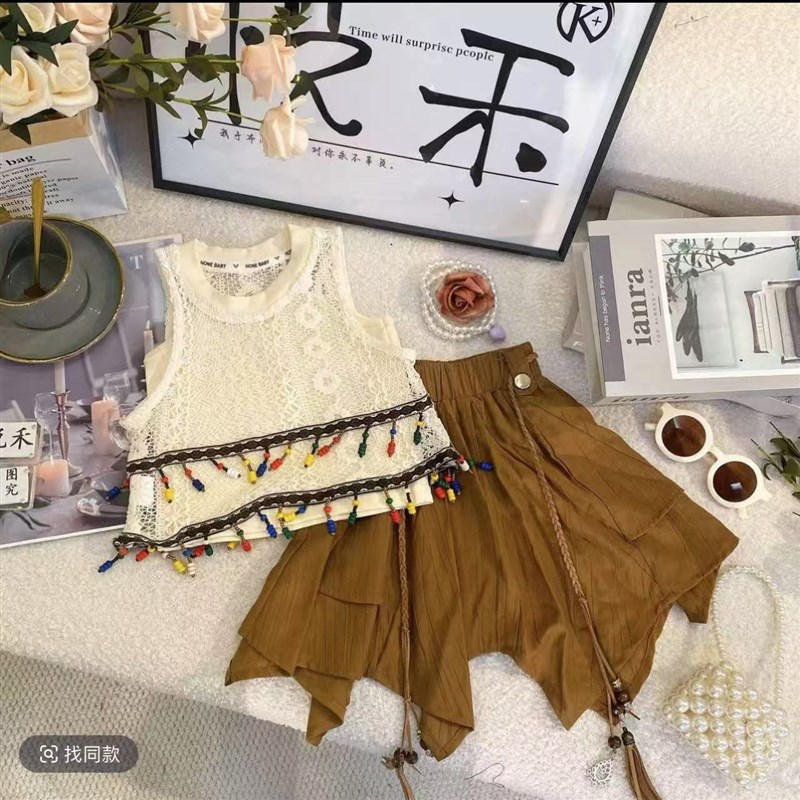 2025夏季女童薄款套装针织无袖坎肩上衣个性不规则短裙时髦两件套