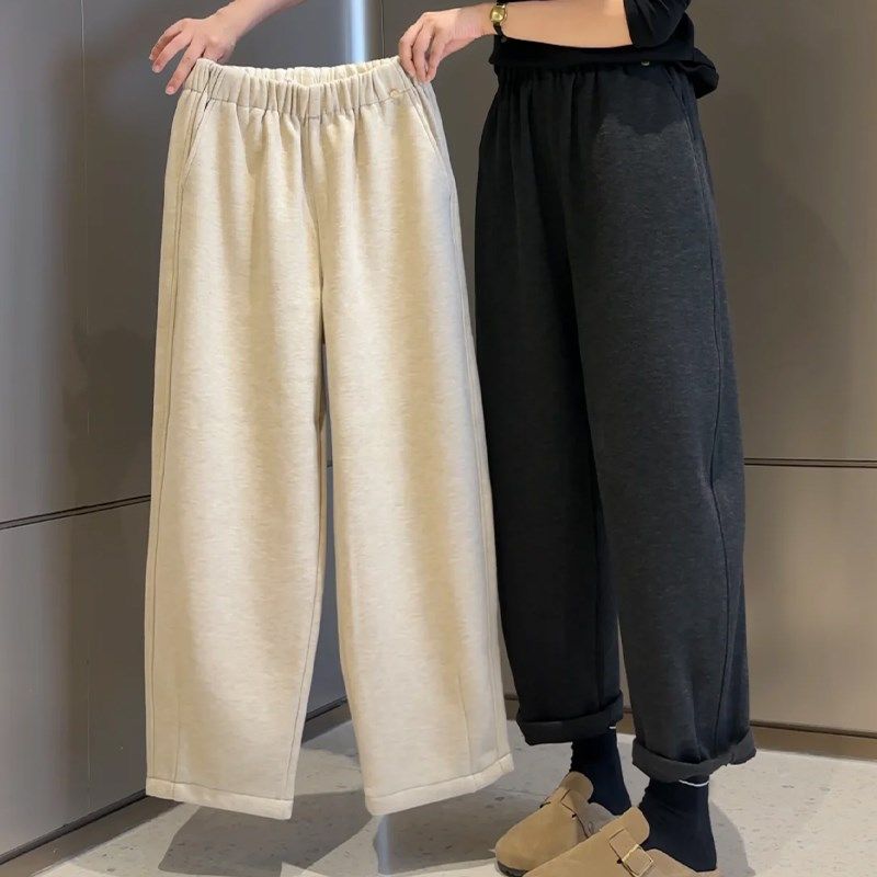 深灰色直筒休闲裤女2024秋冬新款胖妹妹mm高腰弹力显瘦毛呢卫裤潮