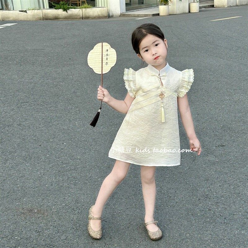 女童短袖小飞袖旗袍裙连衣裙2024夏季新款女孩新中式盘扣公主裙子