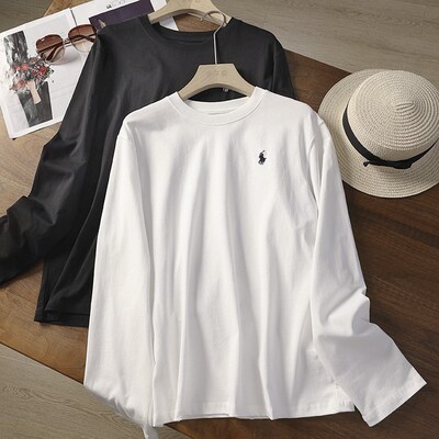 华子家 长袖t恤女秋季小马刺绣慵懒宽松休闲打底衫白色上衣40611