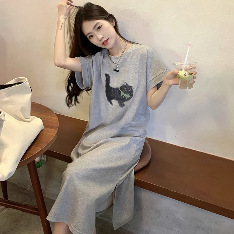 灰色猫咪长款t恤裙短袖女2025夏季新款纯棉学院风开叉宽松连衣裙