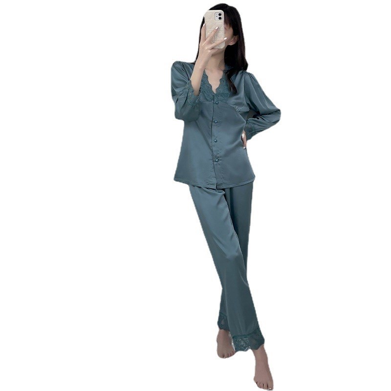 2024春季新品休闲家居服舒适花边装饰纯色女式雪纺透气睡衣两件套