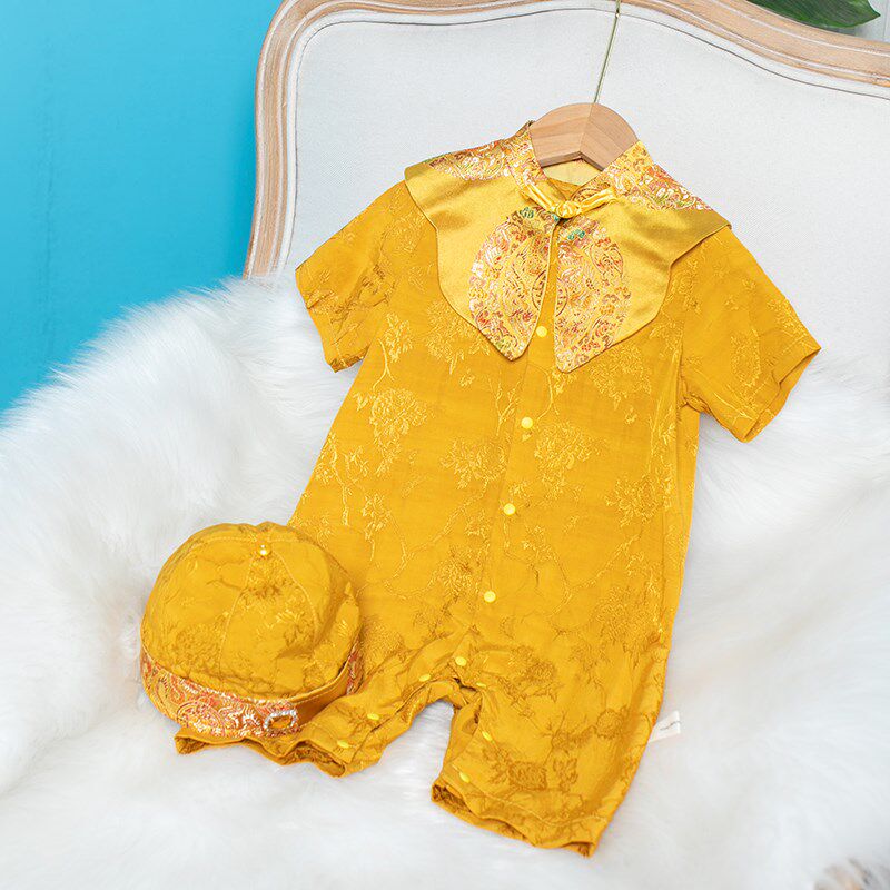 男宝宝周岁礼服婴幼儿童百天生日宴国风长袖连体服夏装抓周唐装春