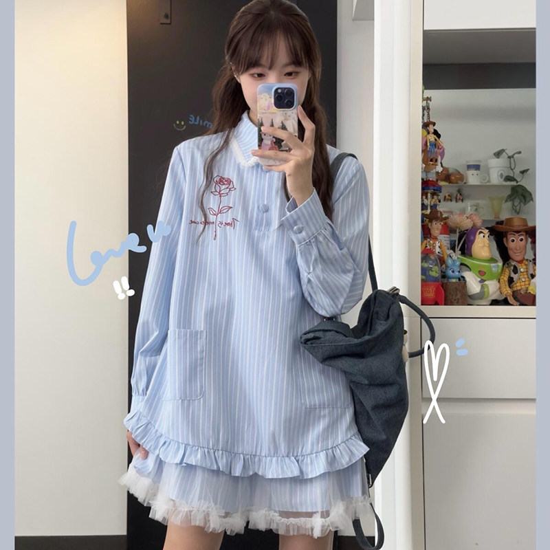 早秋蓝色条纹长袖连衣裙女2024年秋新款高级感小个子穿搭衬衫裙子