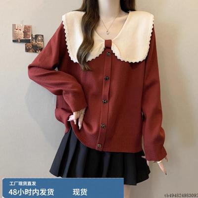 法式蝴蝶结娃娃领红色毛衣针织衫女早春穿搭大码胖mm显瘦减龄上衣