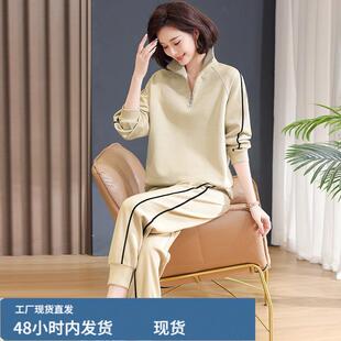 女士休闲套头休闲上衣2025春秋新款中年妈妈大尺码跑步套装运动服