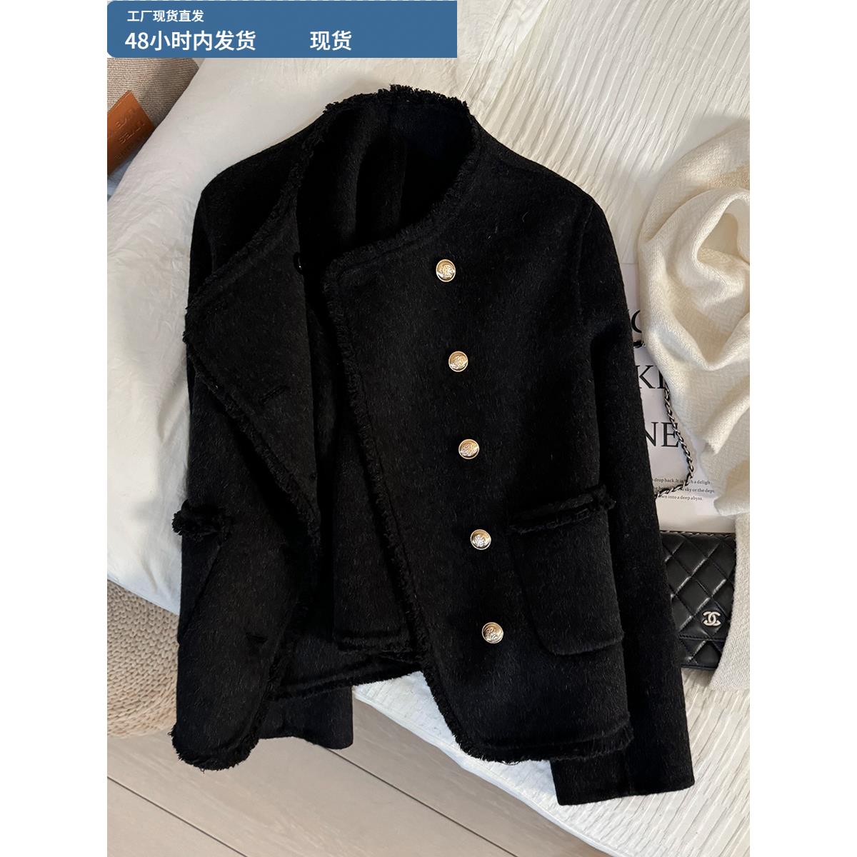 黑灰色韩版显瘦双面呢子短外套女2025秋冬新款保暖小个子松弛大衣