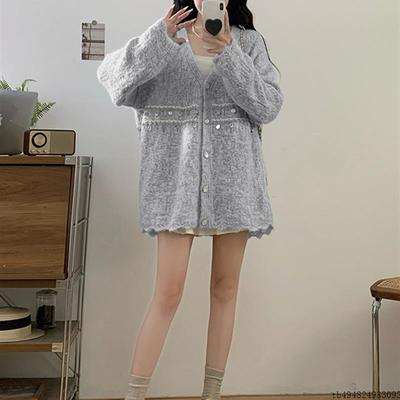 设计感亮片V领软糯毛衣外套女秋冬大码胖mm中长款遮屁股针织上衣