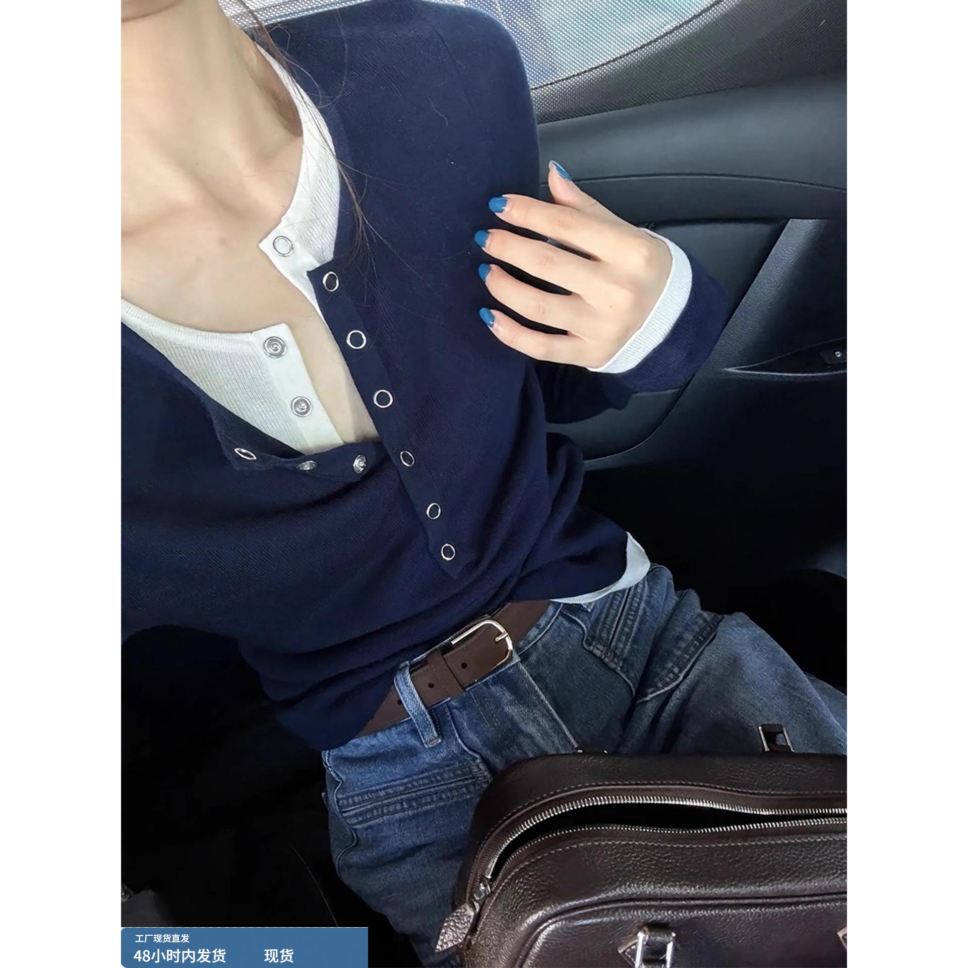 韩系藏青色半开领亨利领假两件针织衫t恤女秋季内搭打底长袖上衣