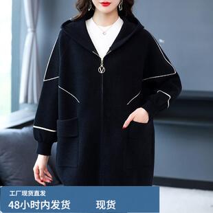 大码双麵戎大衣女宽松休闲连帽羊戎外套胖女人加肥220釿遮肚上衣