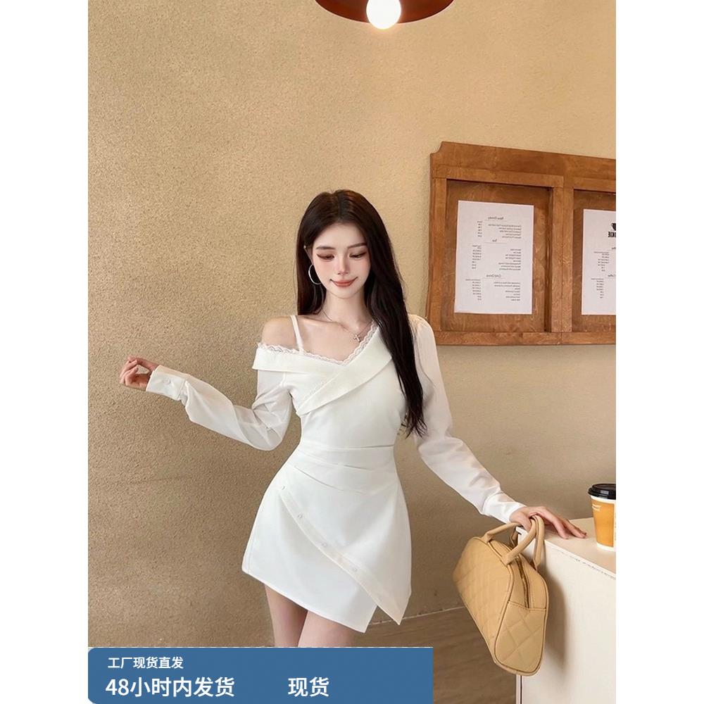 法式露肩拼接蕾丝衬衫连衣裙女设计感收腰不规则高级感短裙子秋季