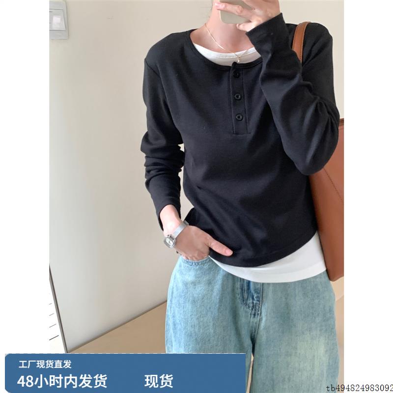 2023秋季韩风假两件长袖t恤 层次感百搭纯色休闲宽松t恤衫上衣女