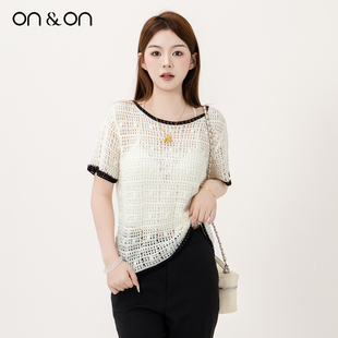安乃安2025夏季 针织衫 新款 百搭镂空拼色短袖 韩系圆领时尚 ON＆ON