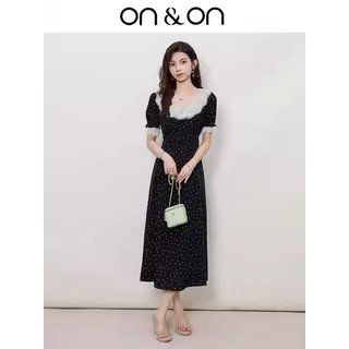 ON＆ON/安乃安夏天约会裙子荷叶边碎花韩版收腰显瘦A字黑色长裙