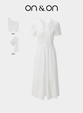 ON＆ON/安乃安2026春夏新款法式V领时尚气质镂空绣花度假风连衣裙