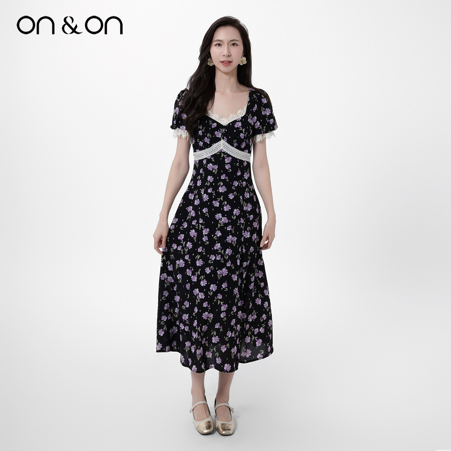 ON＆ON/安乃安【天猫首发】法式复古撞色蕾丝拼接碎花气质连衣裙