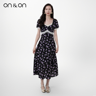 法式 天猫首发 复古撞色蕾丝拼接碎花气质连衣裙 安乃安 ON＆ON