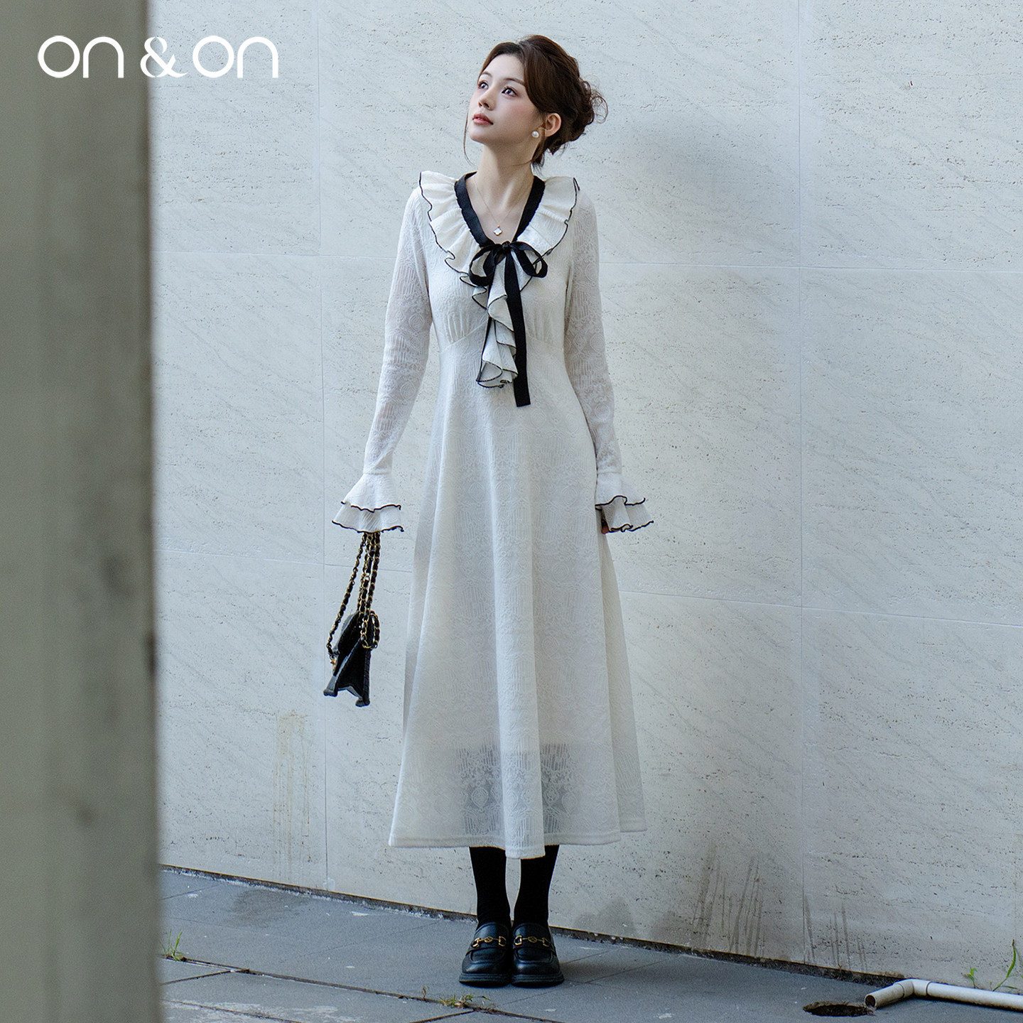 ON＆ON/安乃安2025冬季新款韩系荷叶边领系带蝴蝶结针织加绒