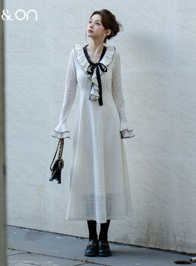 ON＆ON/安乃安2025冬季新款韩系荷叶边领系带蝴蝶结针织加绒长裙