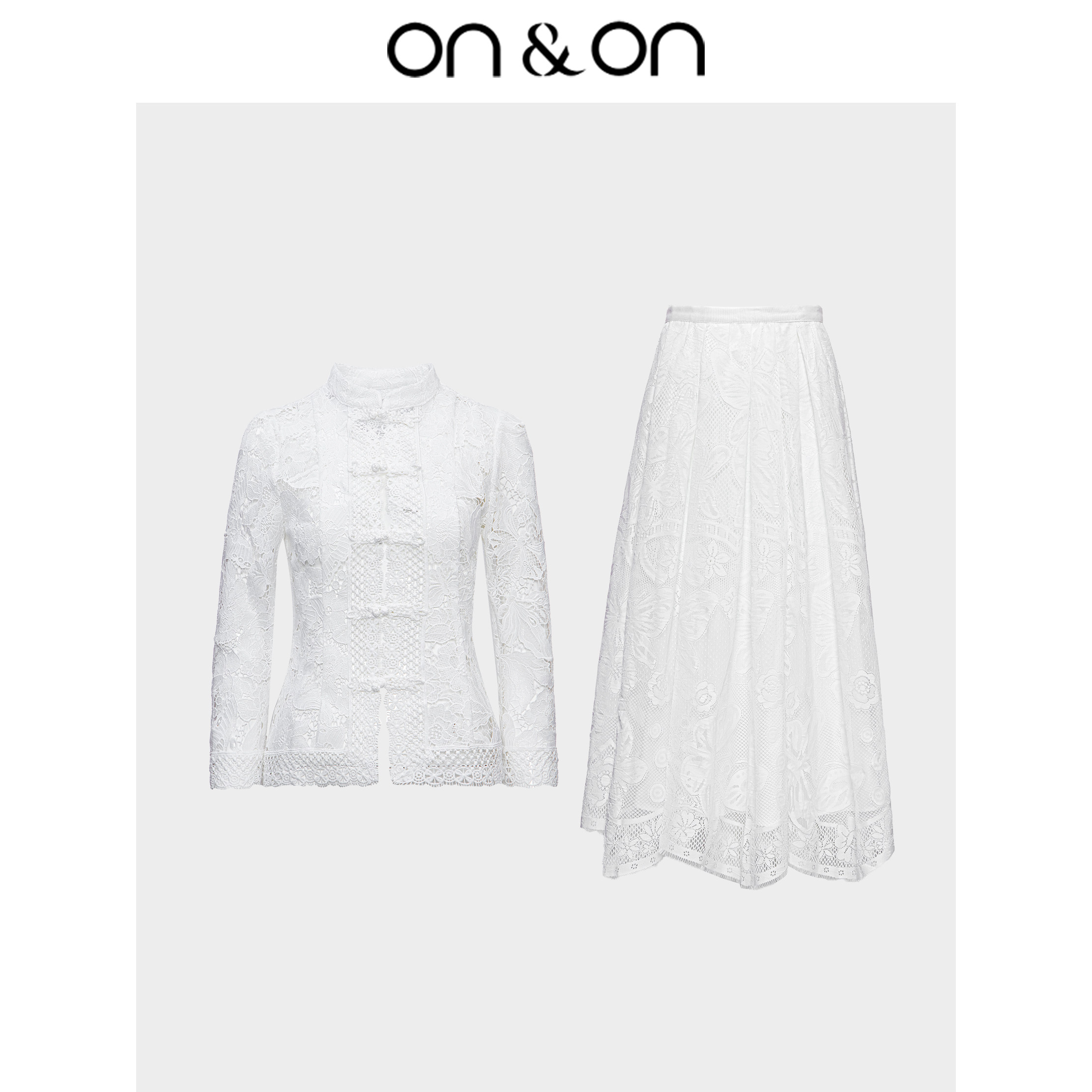 ON＆ON/安乃安25冬季新中式套装立领盘扣蕾丝镂空绣花小衫+半