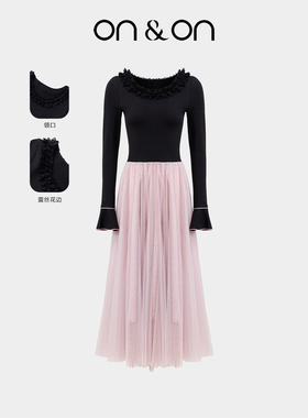 ON＆ON/安乃安2025秋季新款法式双层蕾丝花边修身气质拼接连衣裙