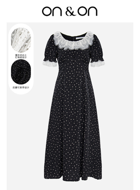 ON＆ON/安乃安夏天约会裙子荷叶边碎花韩版收腰显瘦A字黑色长裙