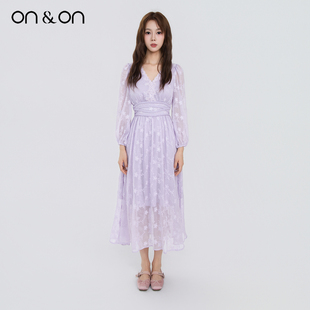 法式 新款 V领显瘦气质优雅浪漫紫收腰连衣裙 安乃安2025冬季 ON＆ON