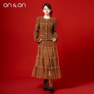 ON＆ON/安乃安2026秋冬新款复古粗花呢小香网纱拼接加绒连衣裙女