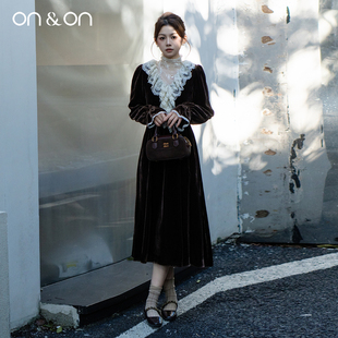 安乃安2025冬季 蕾丝小衫 新款 双层蕾丝气质丝绒连衣裙 法式 ON＆ON