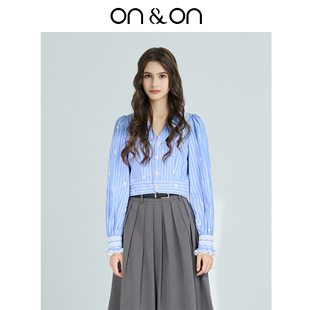 学院气质蕾丝拼接珠片绣花减龄条纹衬衫 ON＆ON 安乃安25秋冬新款