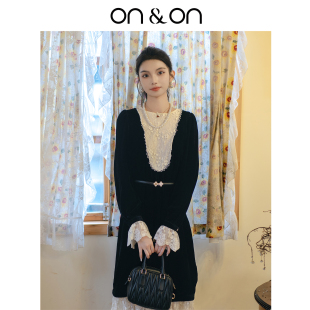 安乃安 法式 复古流光风 新款 优雅蕾丝丝绒连衣裙 25冬季 ON＆ON