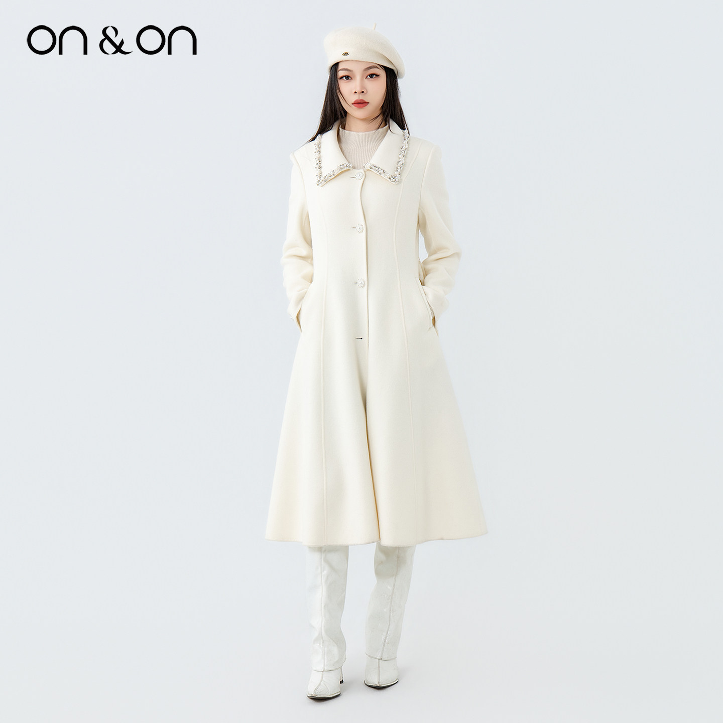 ON＆ON/安乃安2025冬季新款韩系风翻领重工钉珠系带收腰羊绒