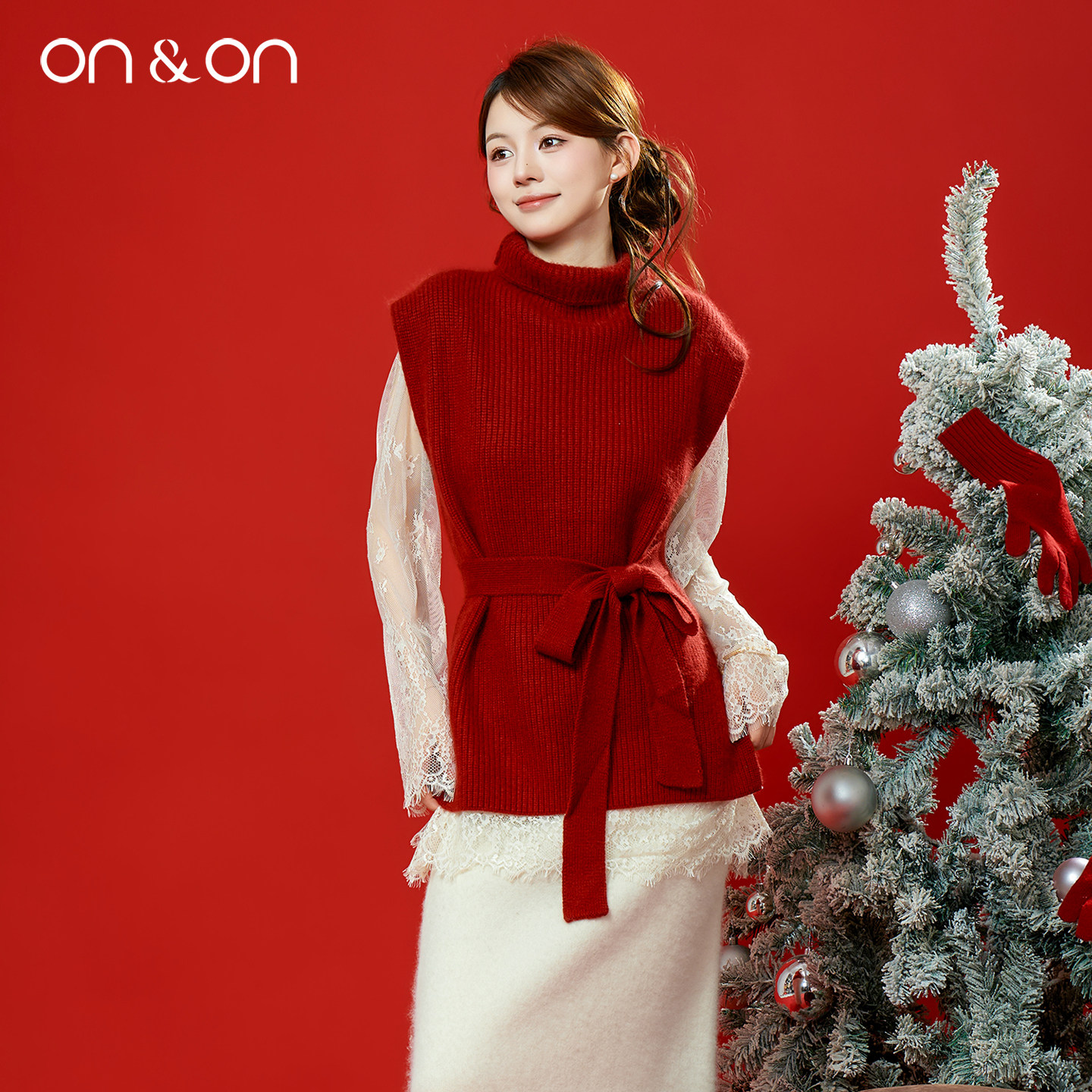 ON＆ON/安乃安2026春季新款韩系高领时尚百搭针织马甲+蕾丝打底衫,女装/女士精品,毛针织衫,淘宝优惠券,粉丝福利购,淘宝优惠卷