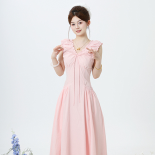 韩系V领木耳边系带减龄收腰温柔连衣裙 新款 ON＆ON 安乃安2025夏季