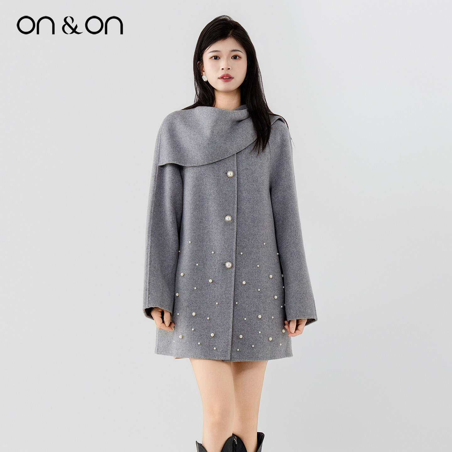 ON＆ON/安乃安冬季新款韩系披肩钉珠千金玛德琳优雅气质羊绒大衣