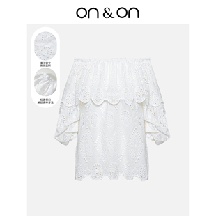 时尚 新款 重工甜美镂空刺绣一字肩钩花上衣 安乃安2025秋季 ON＆ON