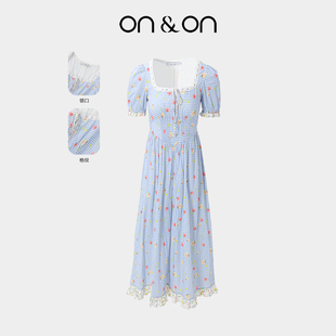 法式 新款 方领收腰文艺复古格纹碎花连衣裙 安乃安2025夏季 ON＆ON