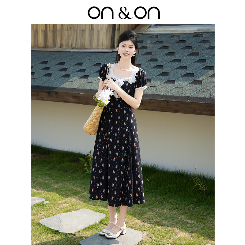 ON＆ON/安乃安2025夏季新款法式优雅蕾丝方领气质收腰碎花连