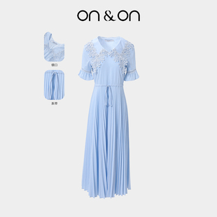 法式 新款 立体花娃娃领抽绳压褶收腰连衣裙 安乃安2025秋季 ON＆ON